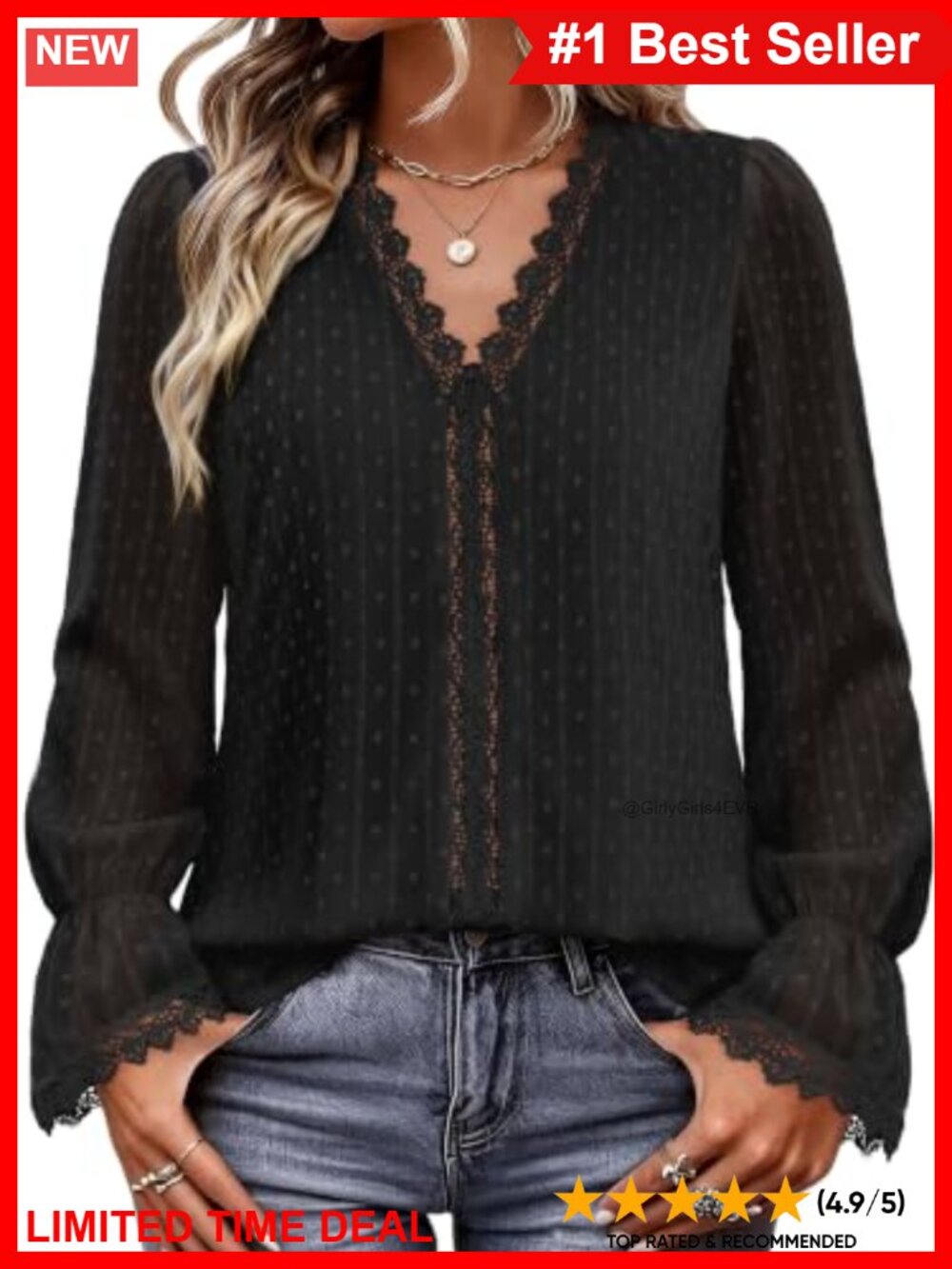 Boho V-Neck Puff Sleeve Blouse Lace Crochet Swiss Dot Flowy Top